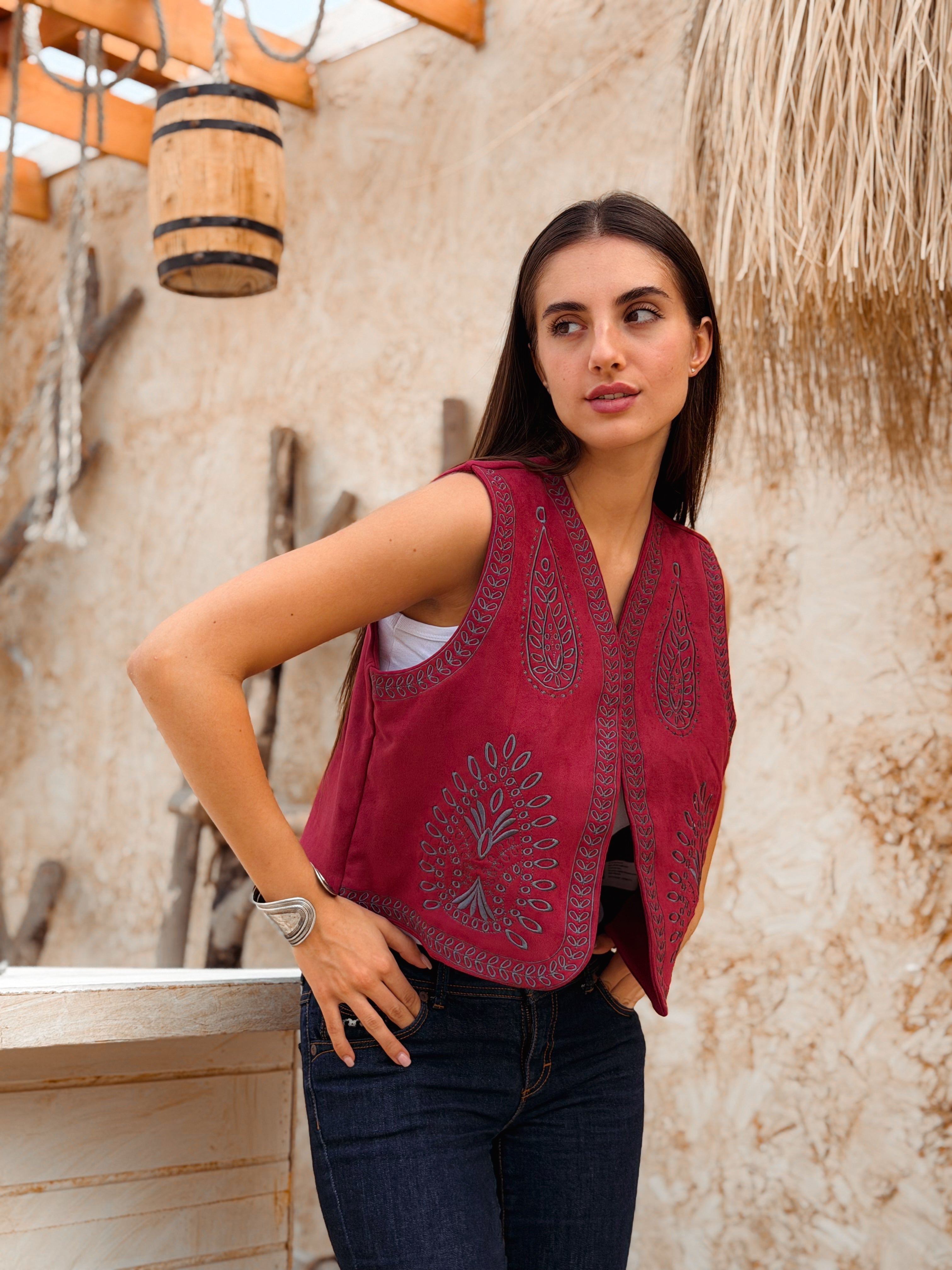 Flare Burgundy Suede Embroidered Vest - BerriessDesigns