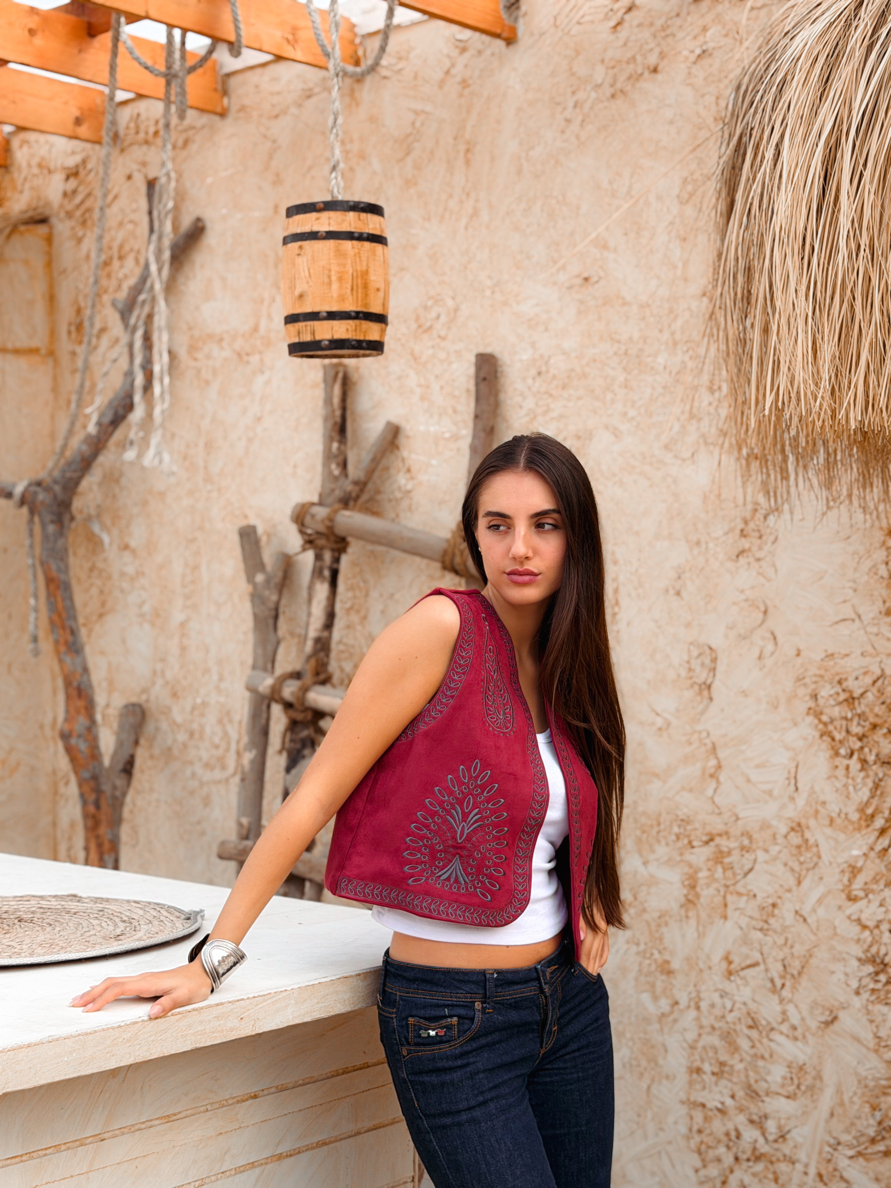 Flare Burgundy Suede Embroidered Vest - BerriessDesigns