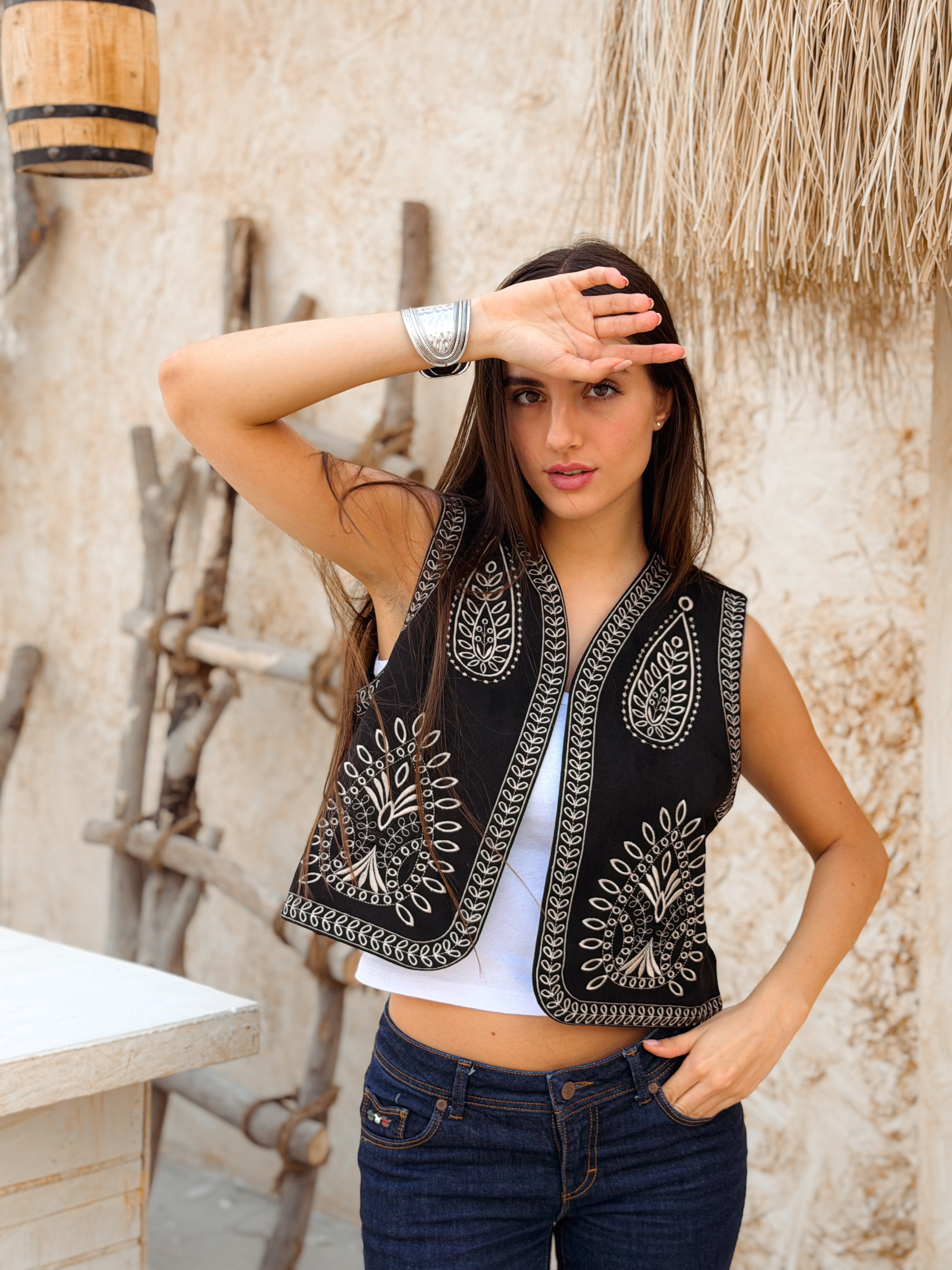 Flare Black Suede Embroidered Vest