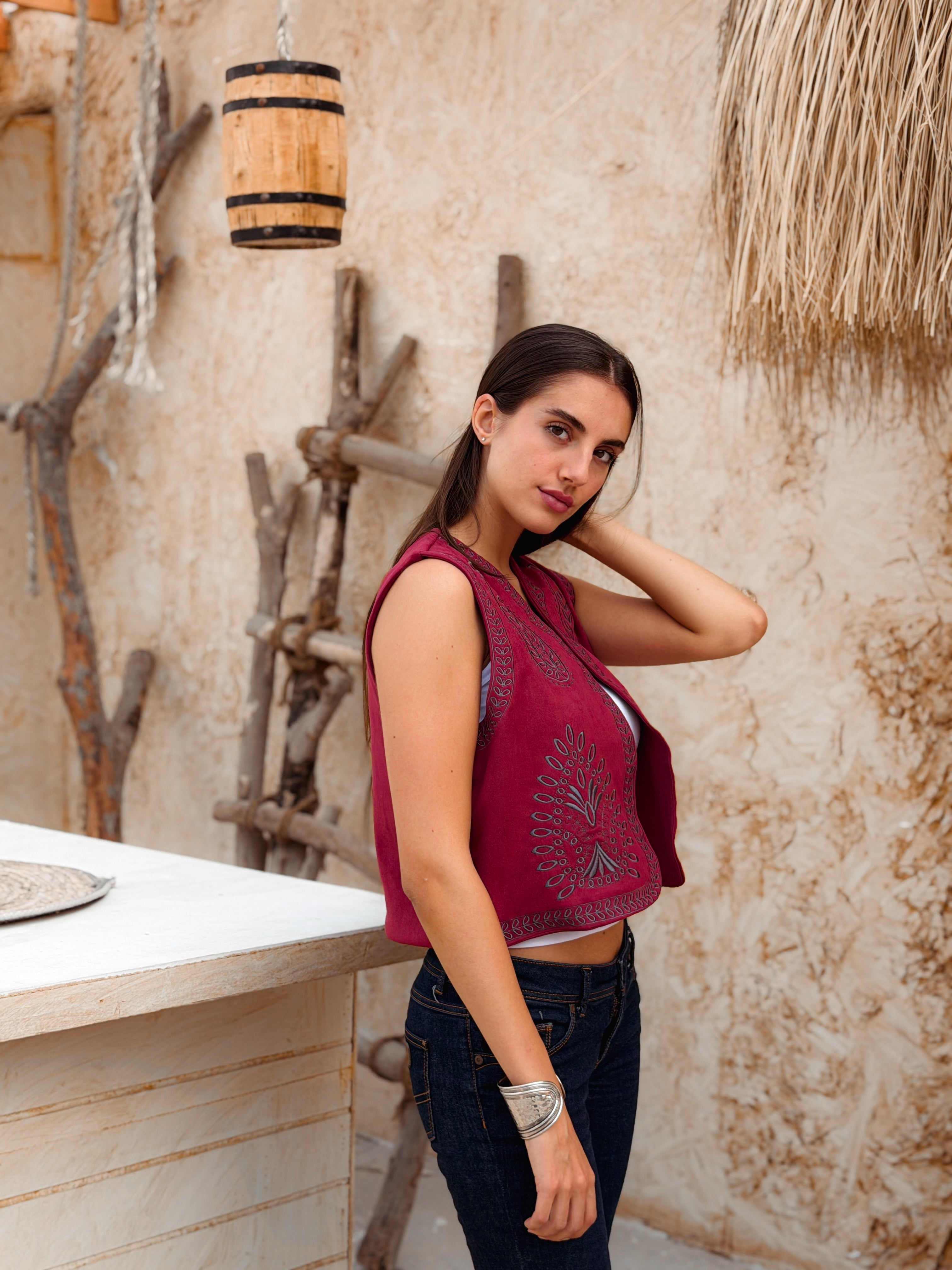 Flare Burgundy Suede Embroidered Vest - BerriessDesigns