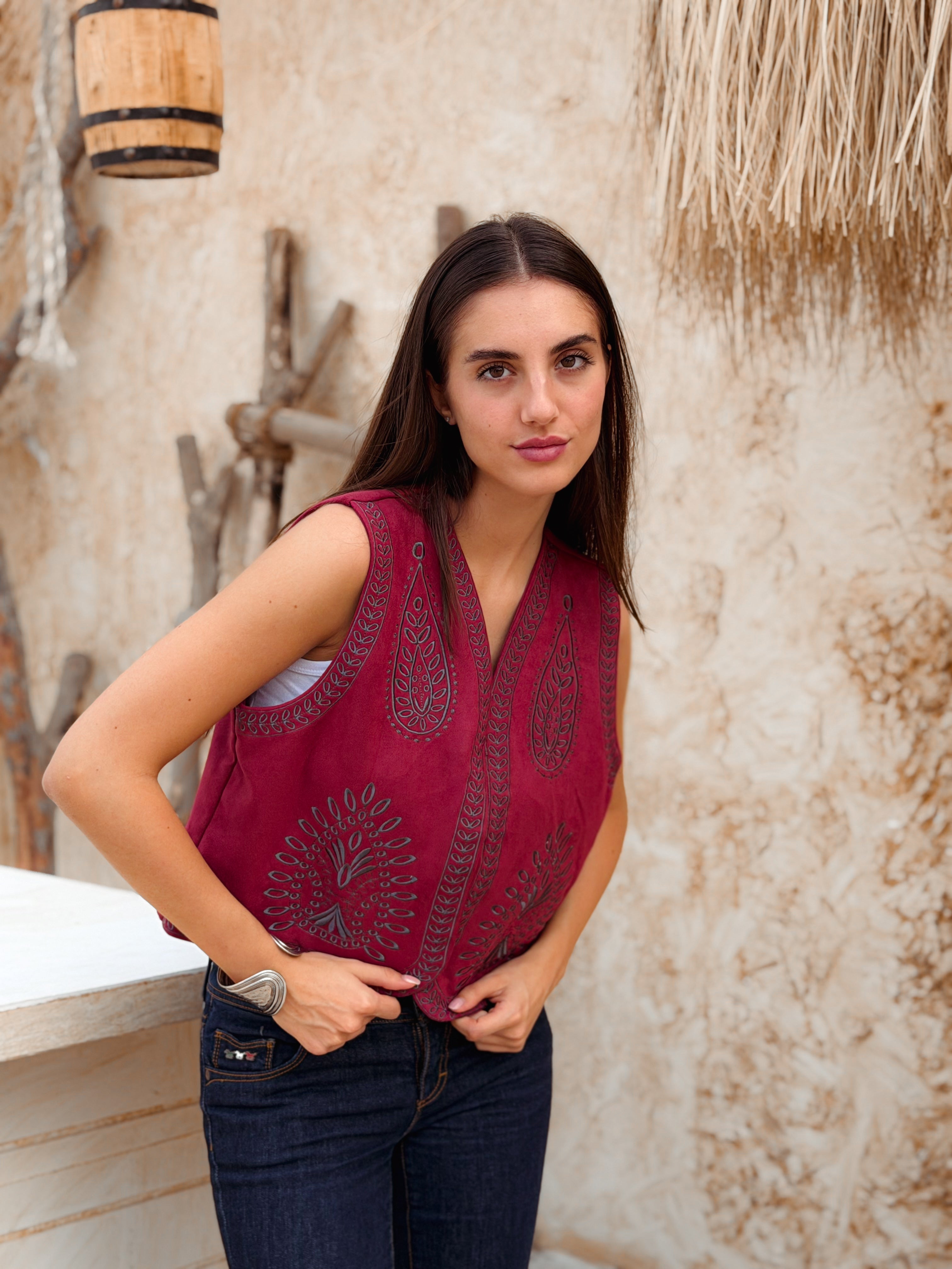 Flare Burgundy Suede Embroidered Vest - BerriessDesigns