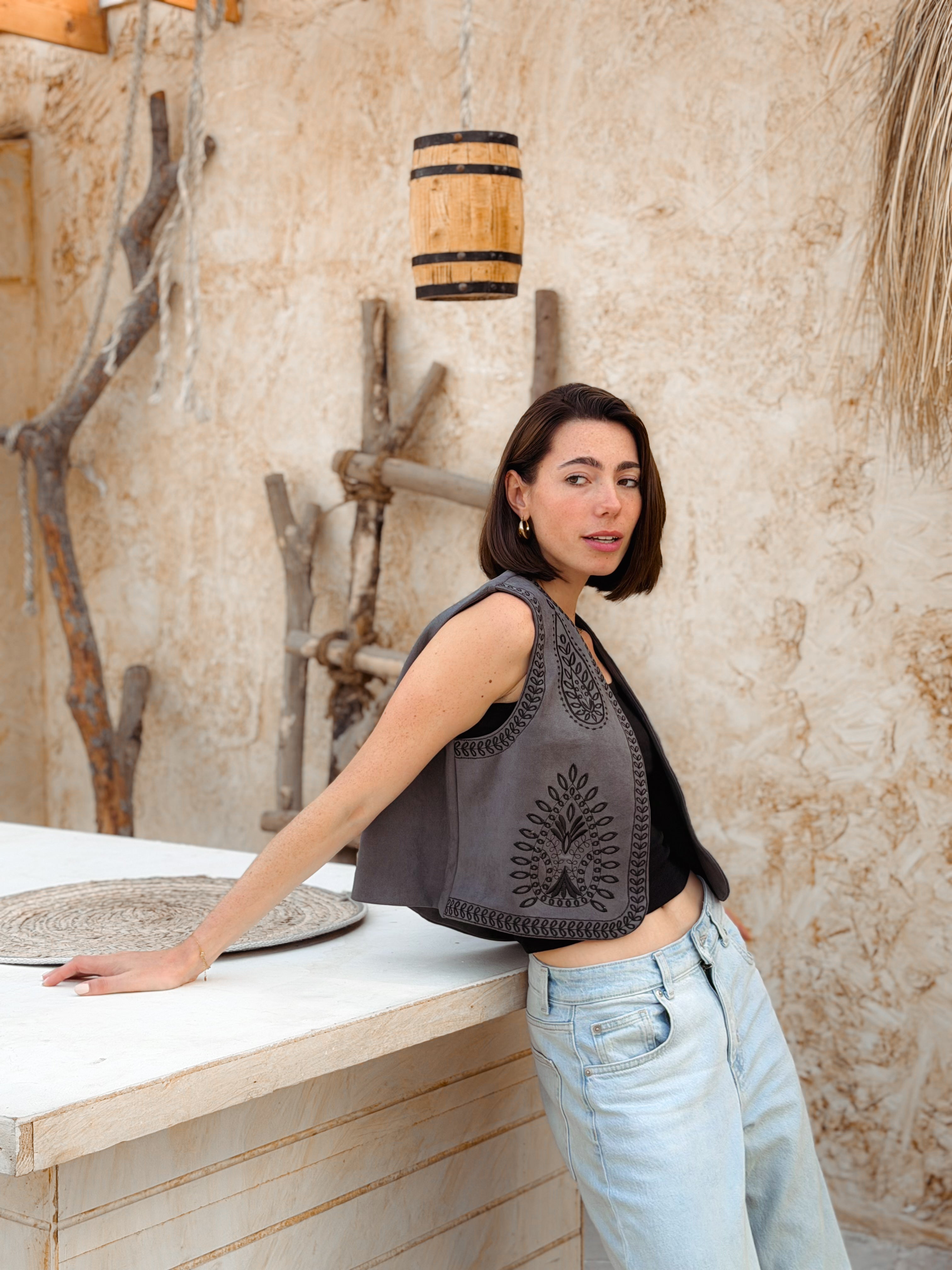 Flare Grey Suede Embroidered Vest - BerriessDesigns